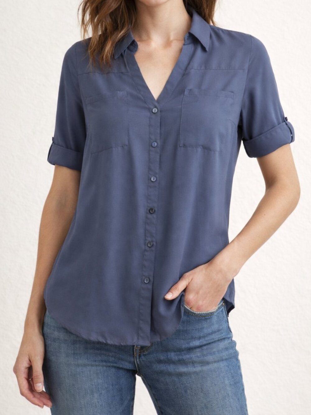 BCX V-Neck Button-Up Blouse Blue | Large